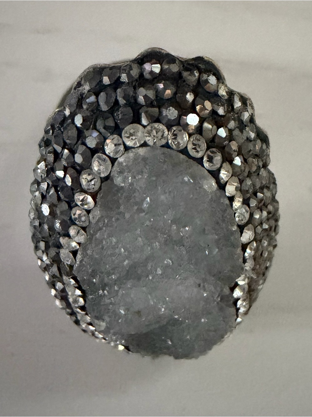 Sparkling Crystal Geode Statement Ring in Silver Grey